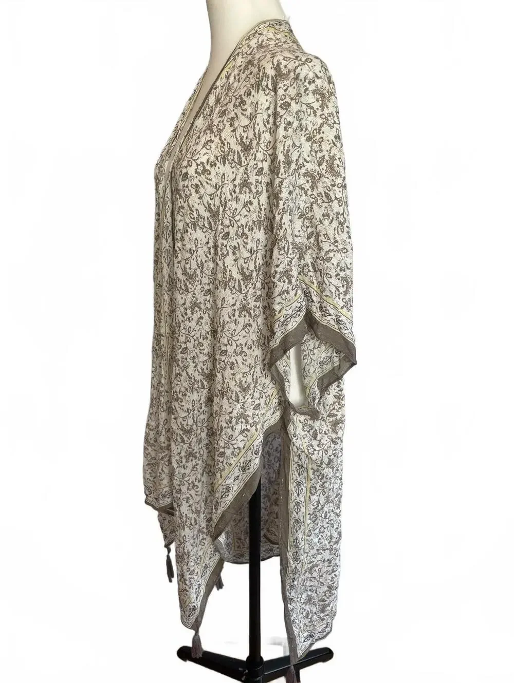 Vince Camuto Boho Wrap Cover Up Kimono Cream Lurex Yellow Olive Rayon Tassel OS